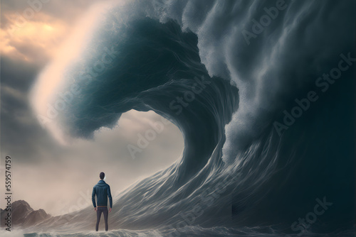 man standing in front giant wave storm, concept power of nature, illustration digital generative ai design art style