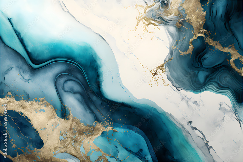 blue and gold metallic marble, watercolor background, abstract design