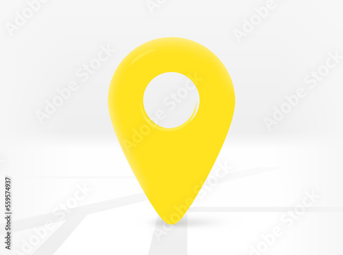 Yellow location pin with road map. 3d vector isolated illustration