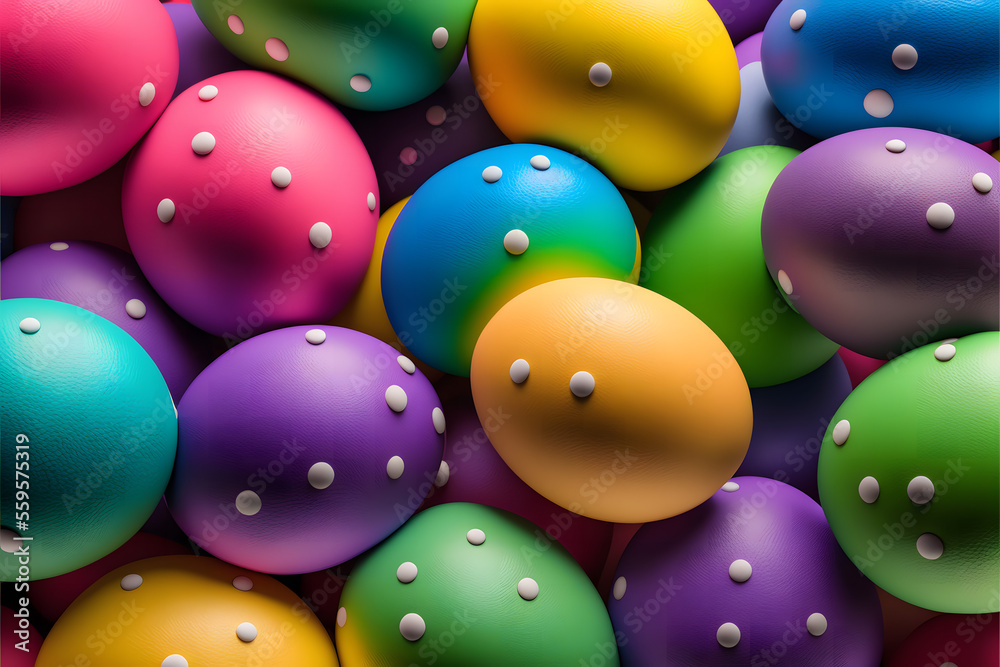 Easter painted eggs, Happy easter, top down view table, 3D illustration digital generative ai design art style Easter painted eggs, Happy easter, top down view table, 3D illustration digital generative ai design art style