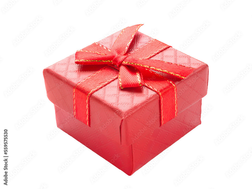 Small red cardboard gift box with red ribbon. Isolated png with transparency