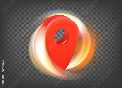 Flaming map pin icon isolated on trandparent. 3d vector icon with fire effect  