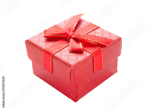 Obraz na płótnie Small red cardboard gift box with red ribbon. Isolated png with transparency w salonie