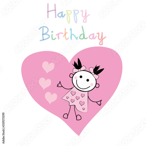 Felicitación de cumpleaños con niña feliz y corazón rosa.