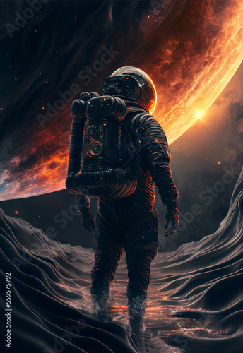 Futuristic intergalactic astronaut in the space, Jupiter, middle of the Solar System. Generative Ai.