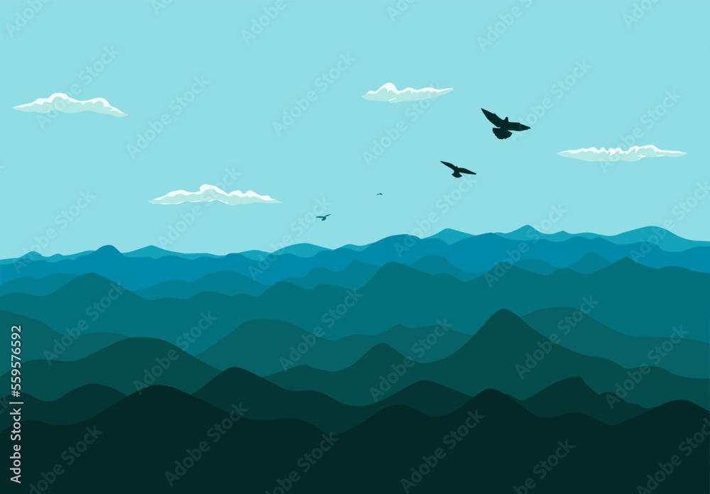 Mountains and flying birds. Vector illustration Mountains and flying birds. Vector illustration
