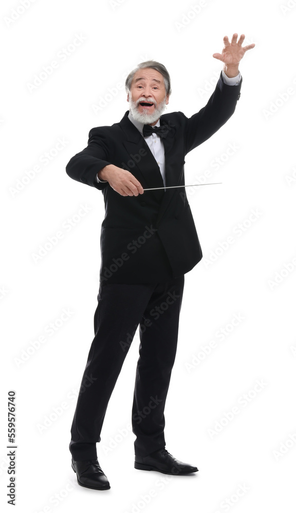 Emotional conductor with baton on white background Emotional conductor with baton on white background