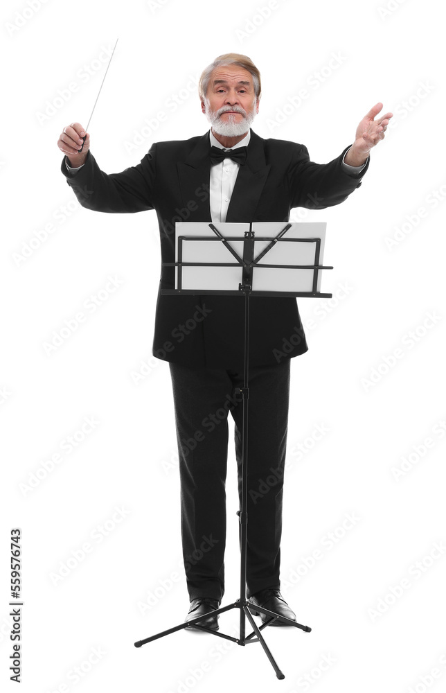 Professional conductor with baton and note stand on white background Professional conductor with baton and note stand on white background
