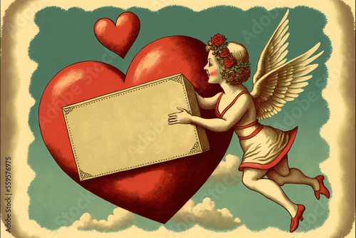 A vintage love angel with heart and empty sign - Generative Ai