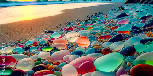 Colorful gemstones on a beach. Polish textured sea glass and stones on the seashore. Green, blue shiny glass with multi-colored sea pebbles close-up. Beach summer background.	