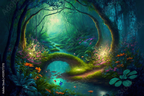 Fantasy fairy tale background. Fantasy enchanted forest with magical luminous plants, built ancient mighty trees covered with moss, with beautiful houses, butterflies and fireflies fly in the air.	