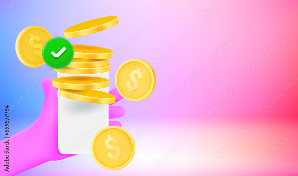 Hand holding smartphone with gold coins. 3d vector banner with copy space