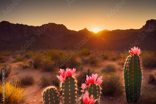 Cactus flower in desert with mountains in background with sunset, Generative AI