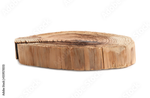Cracked tree stump as decorative stand isolated on white