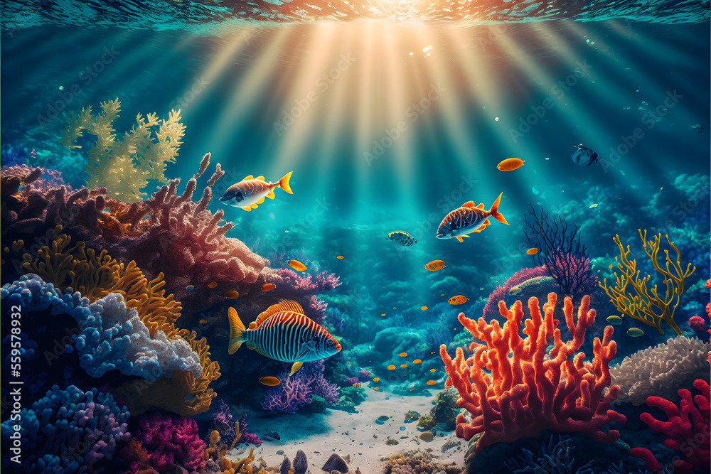 Colorful tropical fish coral scene background, Life in the coral ...