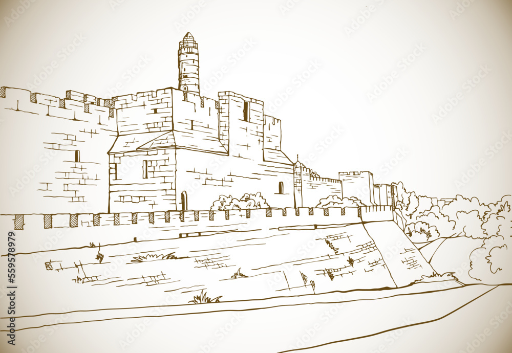 Fototapeta premium Old walls of Jerusalem, sepia vector illustration in hand drawn style. Ancient walls. Jerusalem, Israel. Urban landscape sketch. Line art. Ink drawing on white.