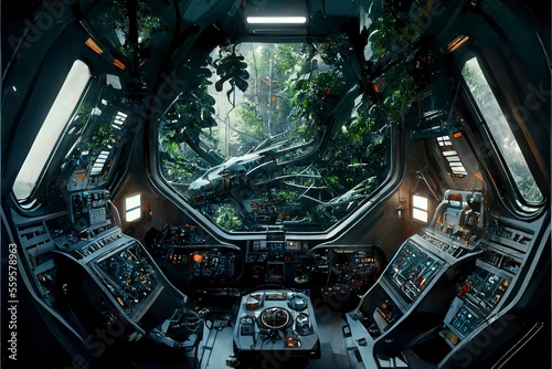 landscape of spaceship with garden. interior of spaceship with futuristic style