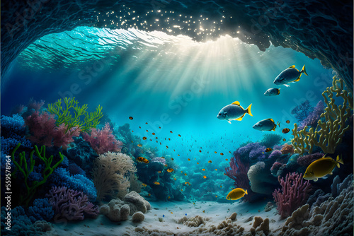 Photographie Colorful tropical fish coral scene background, Life in the coral reef underwater