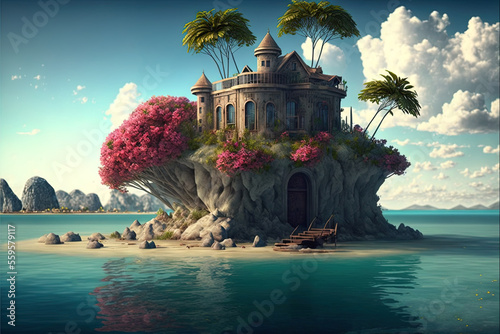 Fantasy landscape exotic island on the sea. AI © MiaStendal