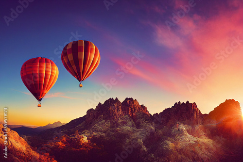 Two Hot air balloons during sunset with mountains in the background, Generative AI © Luise