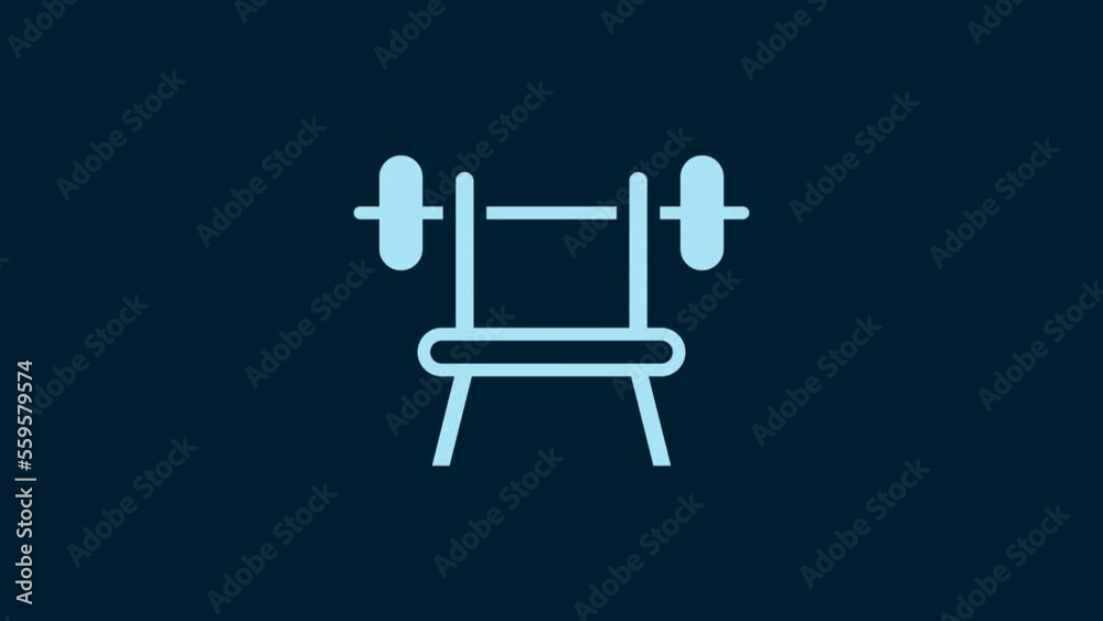 White Bench with barbell icon isolated on blue background. Gym equipment. Bodybuilding, powerlifting, fitness concept. 4K Video motion graphic animation White Bench with barbell icon isolated on blue background. Gym equipment. Bodybuilding, powerlifting, fitness concept. 4K Video motion graphic animation