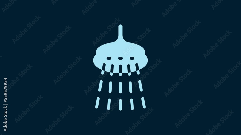 White Shower head with water drops flowing icon isolated on blue background. 4K Video motion graphic animation White Shower head with water drops flowing icon isolated on blue background. 4K Video motion graphic animation