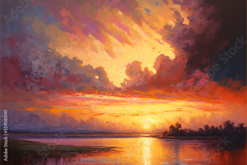 Sunset over a body of water oil painting style Generative AI