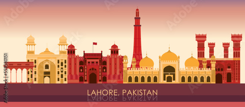 Sunset Skyline panorama of city of Lahore, Pakistan - vector illustration