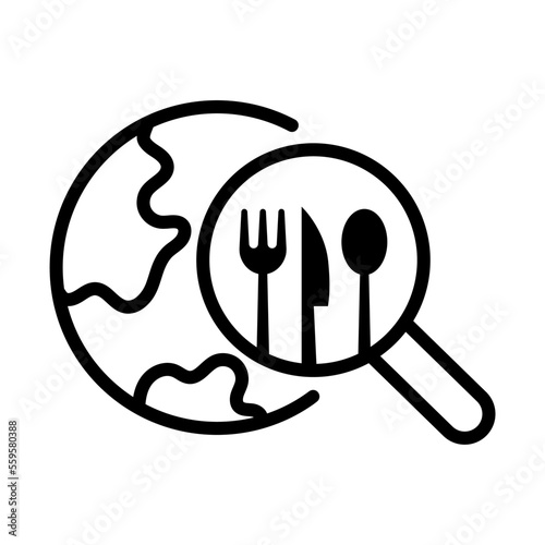 Icono de lupa buscador de restaurantes. Concepto de alimentos, comida. Ilustración vectorial