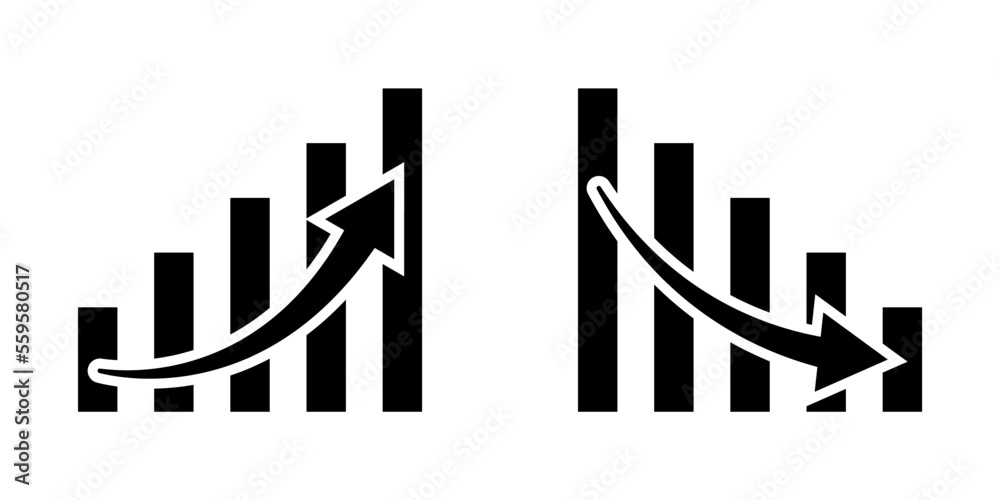 Conjunto de iconos de gráficos de estadísticas con flecha de crecimiento y decrecimiento. Diagrama empresarial. Grafico de pérdidas y ganancias financieras. Ilustración vectorial