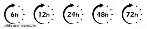 Conjunto de iconos de reloj con flecha de rotación. 6,12,24,48,72 horas. Hora de servicio de entrega. Ilustración