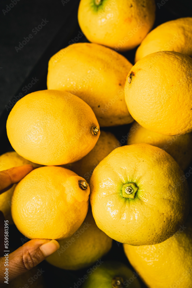Ripe organic lemons. Lemons, source of antioxidants and vitamin C