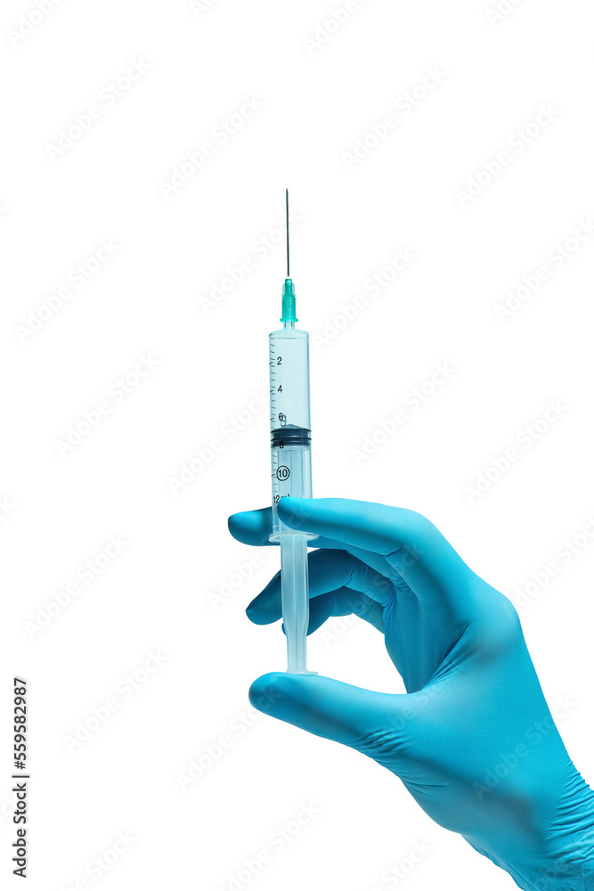 Hand in a blue medical glove with a syringe on a white background Hand in a blue medical glove with a syringe on a white background