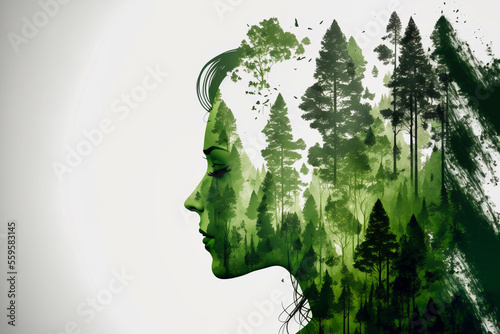 Doppelbelichtung von dem seitlichen Profil einer Frau und einen Wald isoliert auf weißen Hintergrund mit Platzhalter
