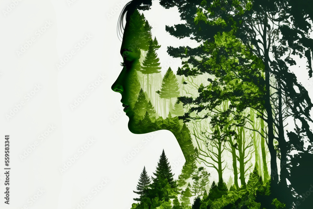 Doppelbelichtung von dem seitlichen Profil einer Frau und einen Wald isoliert auf weißen Hintergrund mit Platzhalter