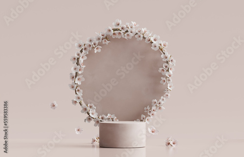 3D background, pink podium display. Sakura pink flower tree branch with frame. Cosmetic or beauty product promotion step floral pedestal. Abstract minimal advertise. 3D render copy space spring mockup