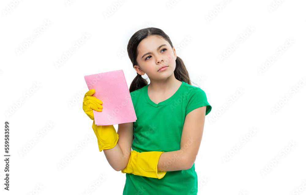 thoughtful girl cleaner do chores in studio. girl cleaner do chores on background. thoughtful girl cleaner do chores in studio. girl cleaner do chores on background.