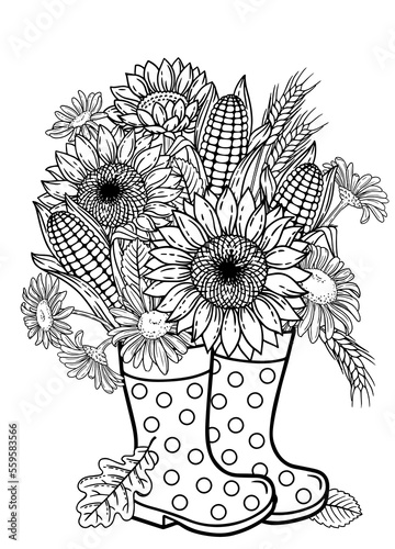 Vector coloring book page for adults. Bouquet of corn, sunflower, chamomiles stands in rubber boots instead of a vase