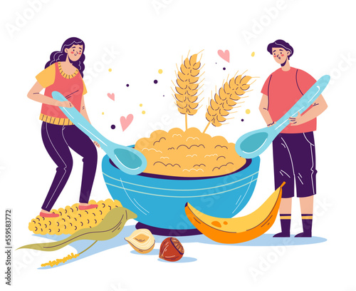 Healthy milk porridge breakfast nutrition meal concept. Vector graphic design illustration