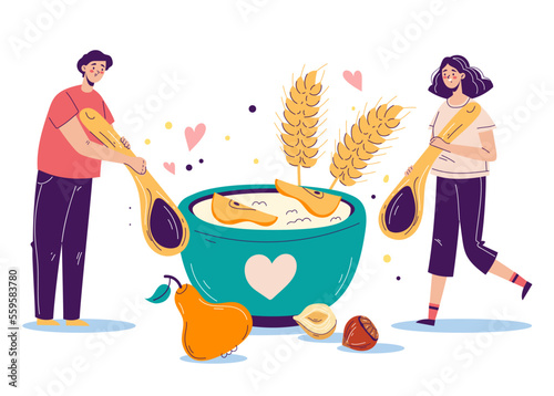 Healthy milk porridge breakfast nutrition meal concept. Vector graphic design illustration