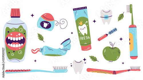 Dental care oral hygiene doodle sketch hand drawn style concept set. Mouth cleaning procedure tools. Vector graphic design illustration
