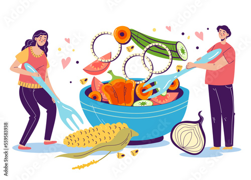 Vegetarian vegetable salad vegan food healthy diet concept. Prepare cooking dinner breakfast. Vector graphic design illustration