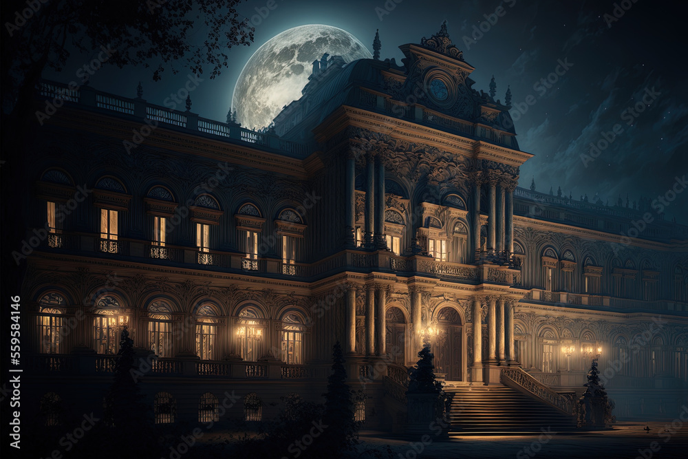 Night landscape with a palace. Big moon, neon light. Ancient architecture. AI