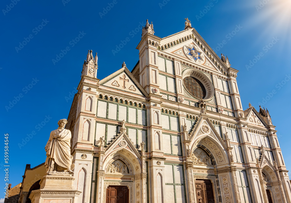 Basilica of Holy Cross (Santa Croce) and statue of Dante Alighieri in Florence, Italy