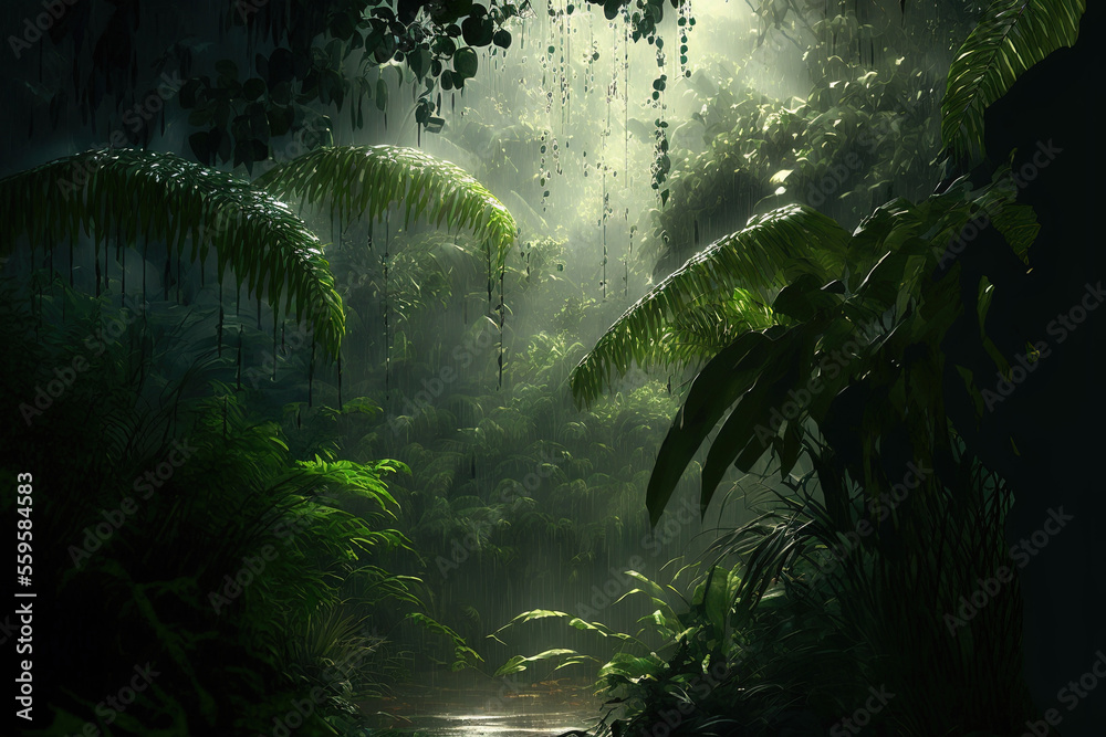 Dark tropical forest in the rain, large exotic plants in the forest. Green background. AI - obrazy, fototapety, plakaty 