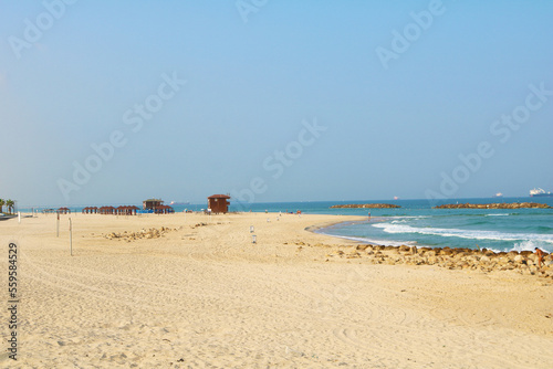 View on public beach on Mediterranean Sea in the morning in Ashkelon, Israel