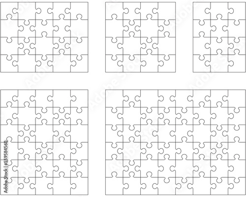 Illustration of five white puzzles, separate pieces 
