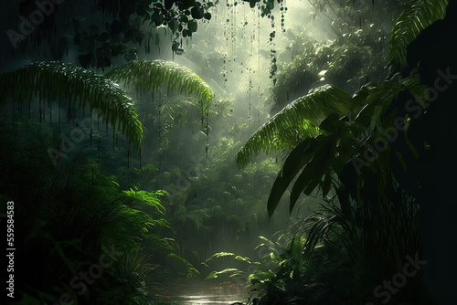 Naklejka Dark tropical forest in the rain, large exotic plants in the forest. Green background. AI