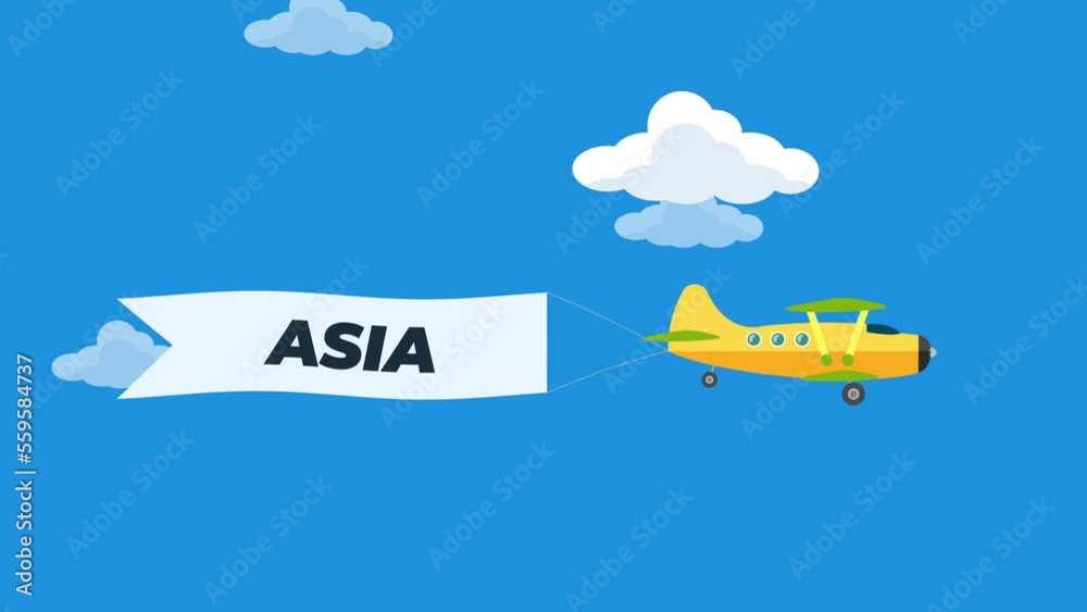 Aircrafts in sky with asia text banners cartoon animation. plane flying with advertising ribbons. Aircrafts in sky with asia text banners cartoon animation. plane flying with advertising ribbons.