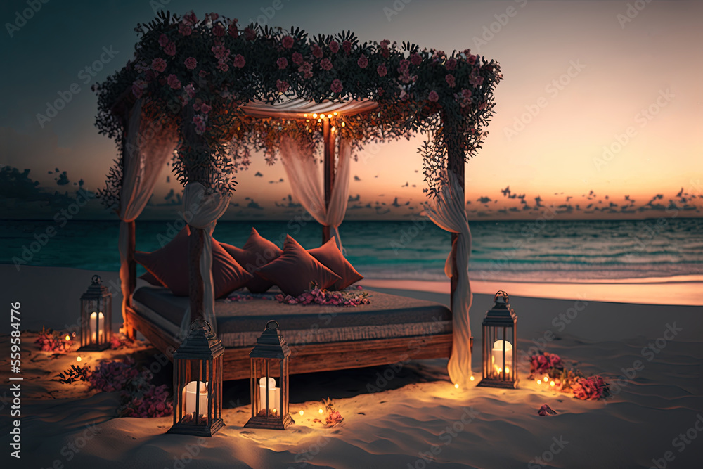 Obraz premium Cozy wooden bed on the seashore decorated with greetings and candles. Romantic evening by the sea. Beautiful sunset. AI